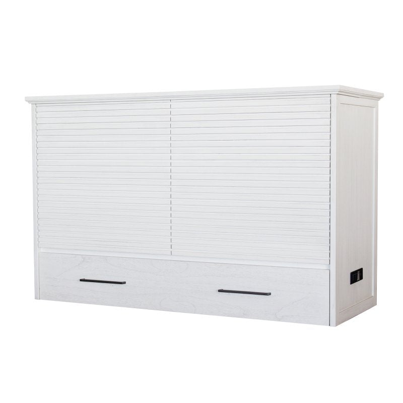 Arcadia Queen Size Wooden Cabinet Bed in White Finish with USB Port, Drawer, and 6-Inch Tri-Fold Memory Foam Mattress