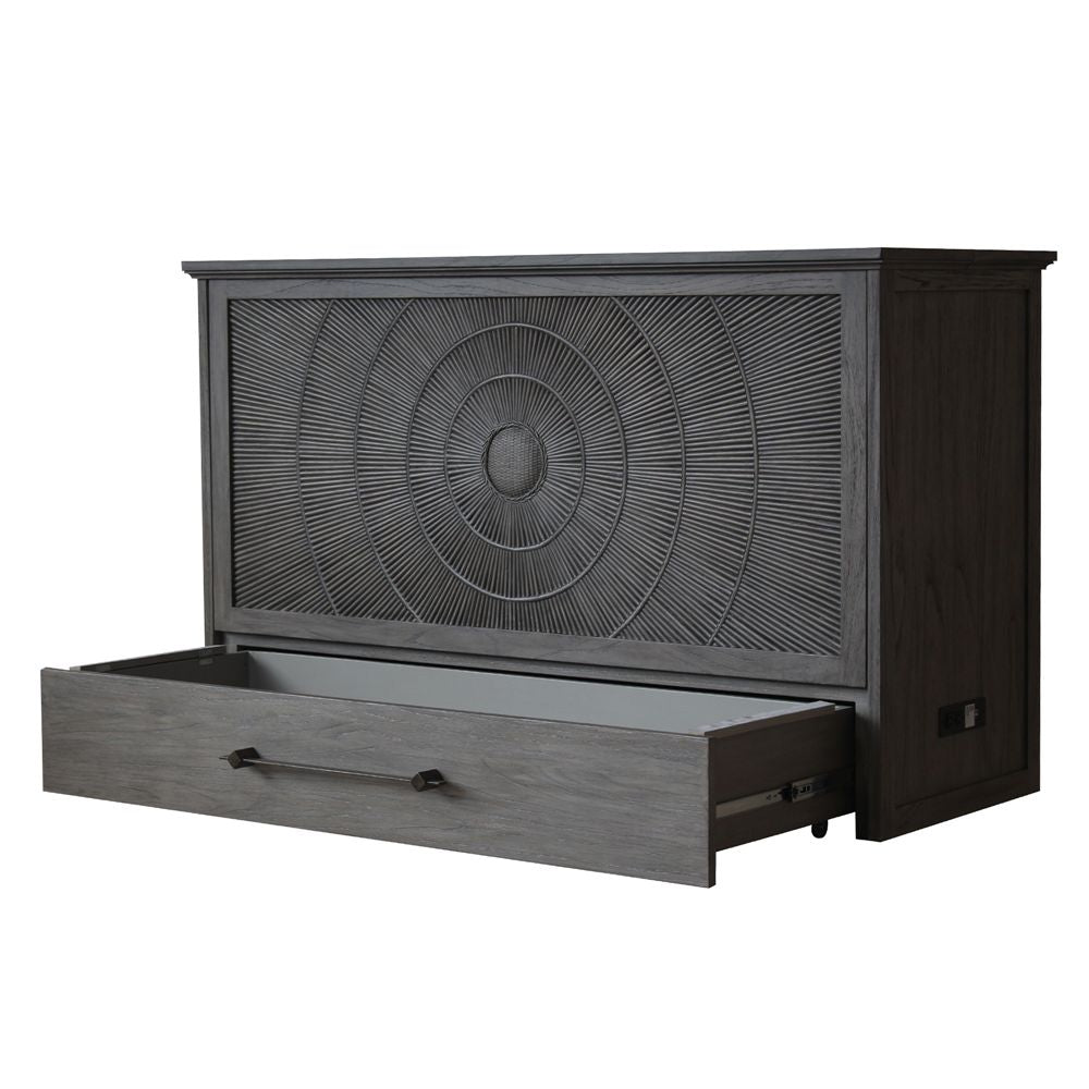 Aruba Queen Size Wooden Cabinet Bed in Coffee Finish with USB Port, Drawer, and 6-Inch Tri-Fold Memory Foam Mattress