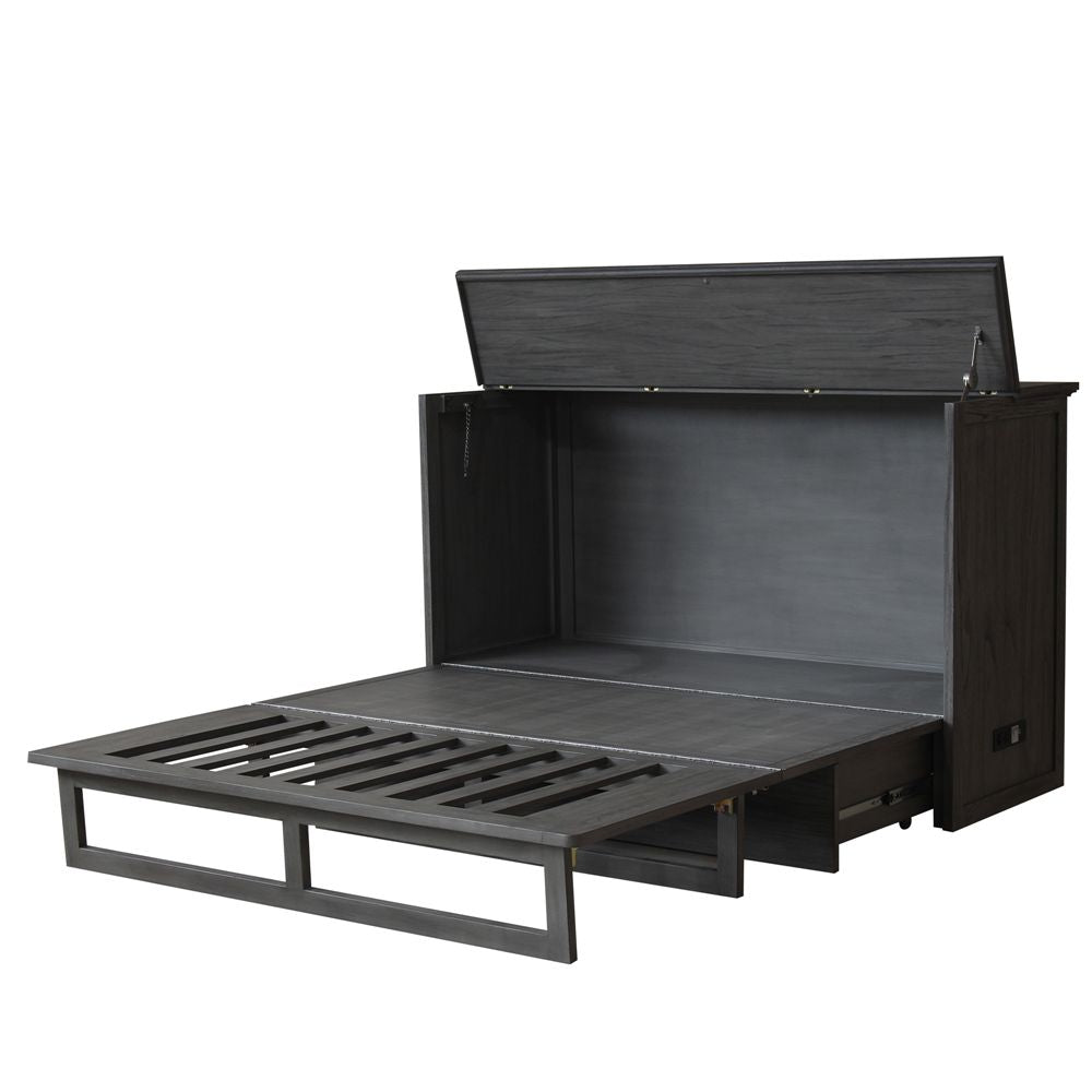 Aruba Queen Size Wooden Cabinet Bed in Coffee Finish with USB Port, Drawer, and 6-Inch Tri-Fold Memory Foam Mattress