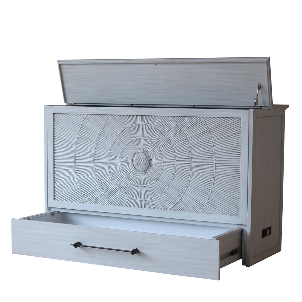 Aruba Queen Size Wooden Cabinet Bed in Monaco White Finish with USB Port, Drawer, and 6-Inch Tri-Fold Memory Foam Mattress