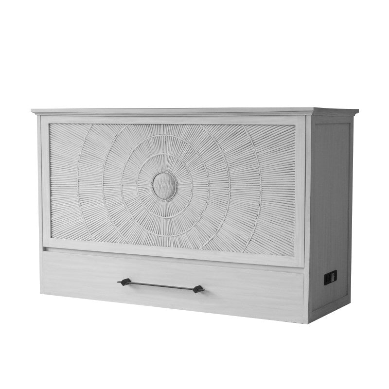 Aruba Queen Size Wooden Cabinet Bed in Monaco White Finish with USB Port, Drawer, and 6-Inch Tri-Fold Memory Foam Mattress