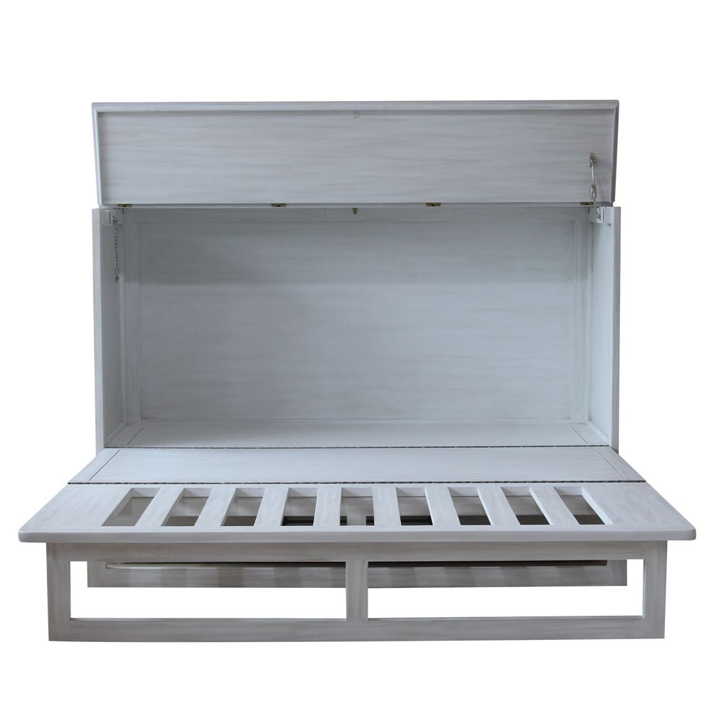 Aruba Queen Size Wooden Cabinet Bed in Monaco White Finish with USB Port, Drawer, and 6-Inch Tri-Fold Memory Foam Mattress
