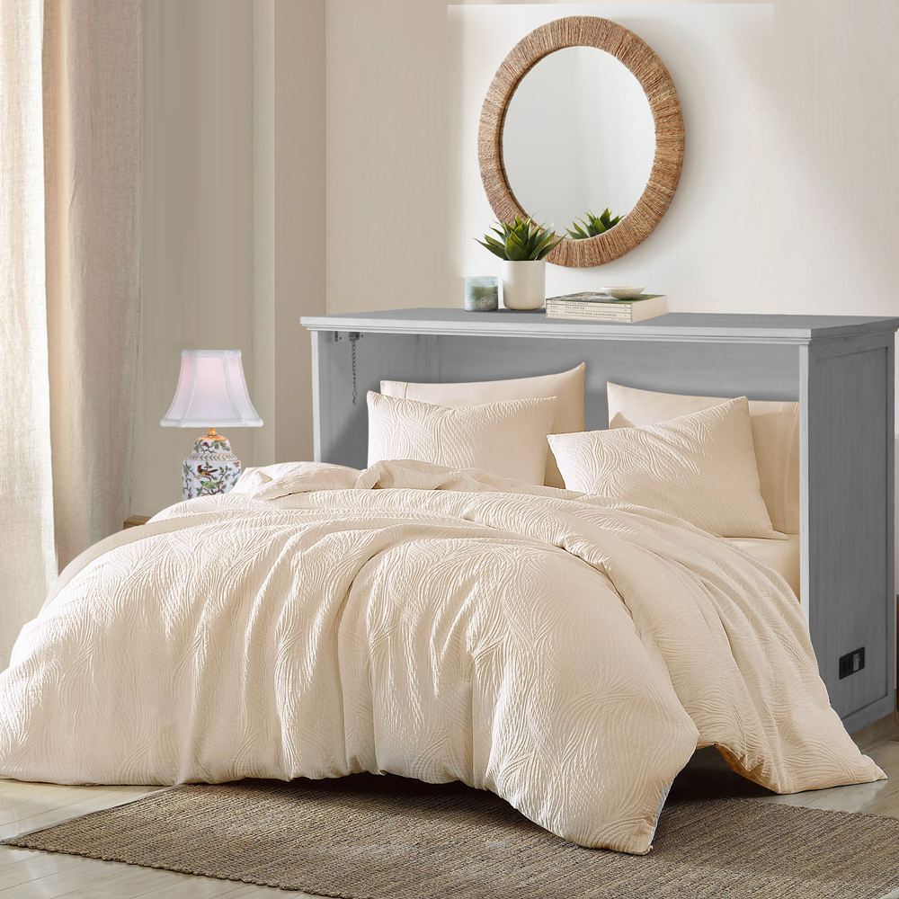 Aruba Queen Size Wooden Cabinet Bed in Monaco White Finish with USB Port, Drawer, and 6-Inch Tri-Fold Memory Foam Mattress