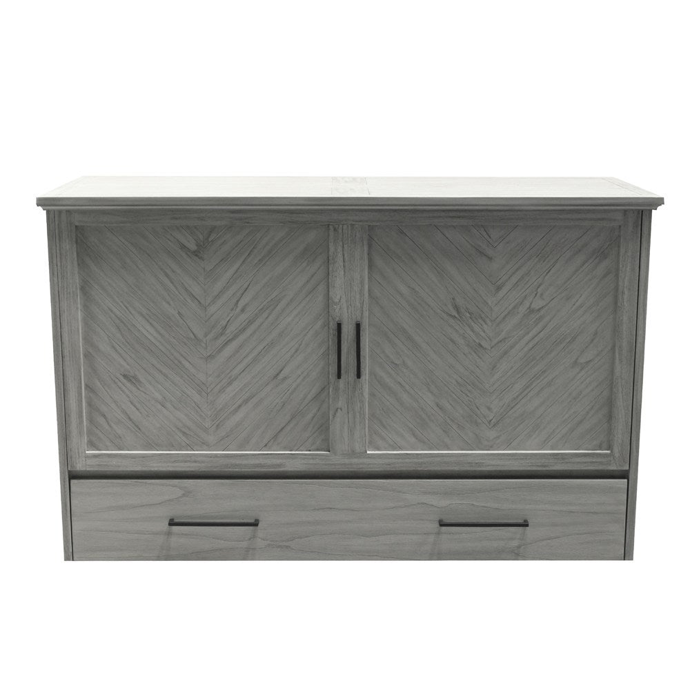 Belize Queen Size Wooden Cabinet Bed in Beach Sand Finish with USB Port, Drawer, and 6-Inch Tri-Fold Memory Foam Mattress