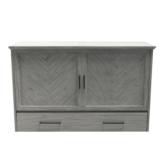 Belize Queen Size Wooden Cabinet Bed in Beach Sand Finish with USB Port, Drawer, and 6-Inch Tri-Fold Memory Foam Mattress