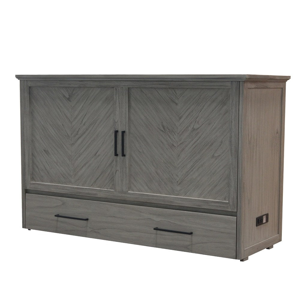 Belize Queen Size Wooden Cabinet Bed in Beach Sand Finish with USB Port, Drawer, and 6-Inch Tri-Fold Memory Foam Mattress