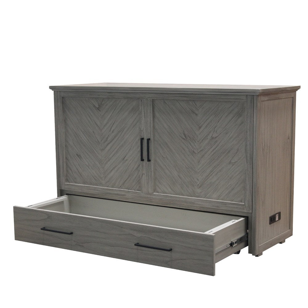 Belize Queen Size Wooden Cabinet Bed in Beach Sand Finish with USB Port, Drawer, and 6-Inch Tri-Fold Memory Foam Mattress