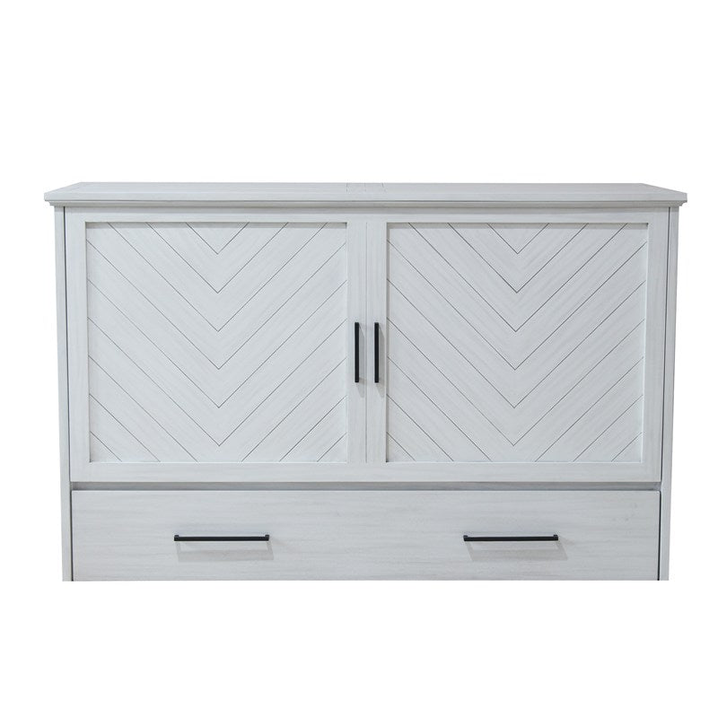 Belize Queen Size Wooden Cabinet Bed in Monaco White Finish with USB Port, Drawer, and 6-Inch Tri-Fold Memory Foam Mattress