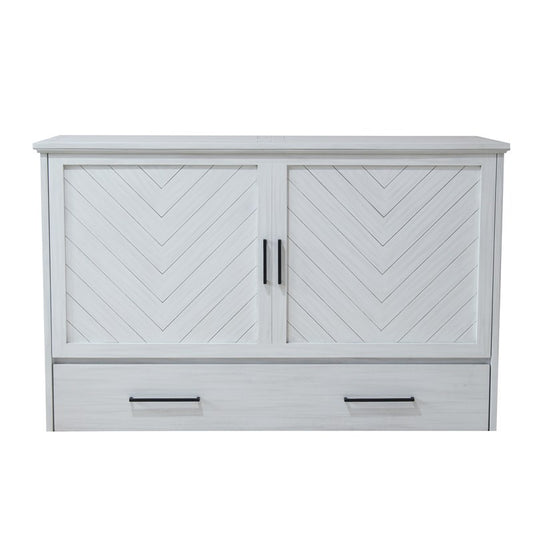 Belize Queen Size Wooden Cabinet Bed in Monaco White Finish with USB Port, Drawer, and 6-Inch Tri-Fold Memory Foam Mattress