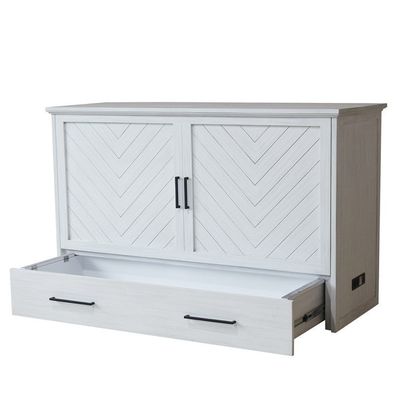 Belize Queen Size Wooden Cabinet Bed in Monaco White Finish with USB Port, Drawer, and 6-Inch Tri-Fold Memory Foam Mattress