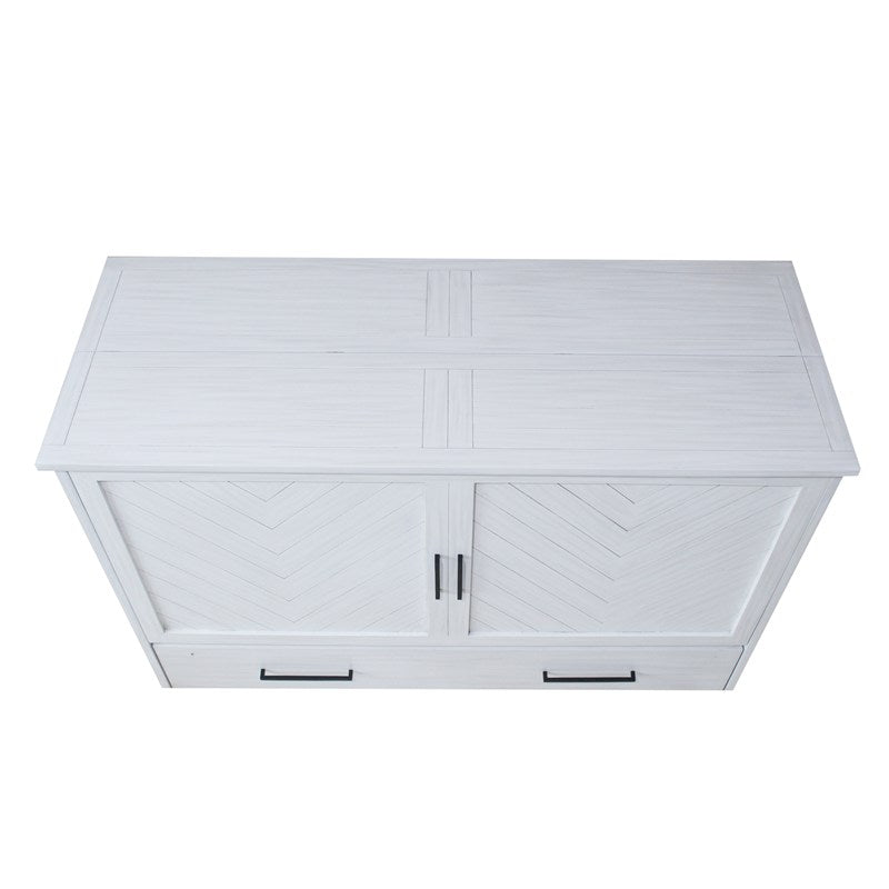 Belize Queen Size Wooden Cabinet Bed in Monaco White Finish with USB Port, Drawer, and 6-Inch Tri-Fold Memory Foam Mattress