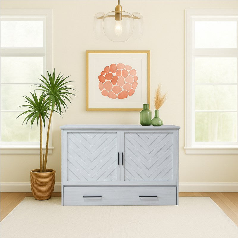 Belize Queen Size Wooden Cabinet Bed in Monaco White Finish with USB Port, Drawer, and 6-Inch Tri-Fold Memory Foam Mattress