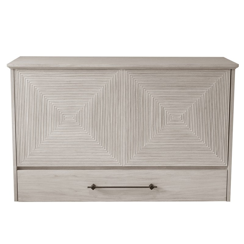 Fiji Queen Size Wooden Cabinet Bed in Washed Linen Finish with USB Port, Drawer, and 6-Inch Tri-Fold Memory Foam Mattress