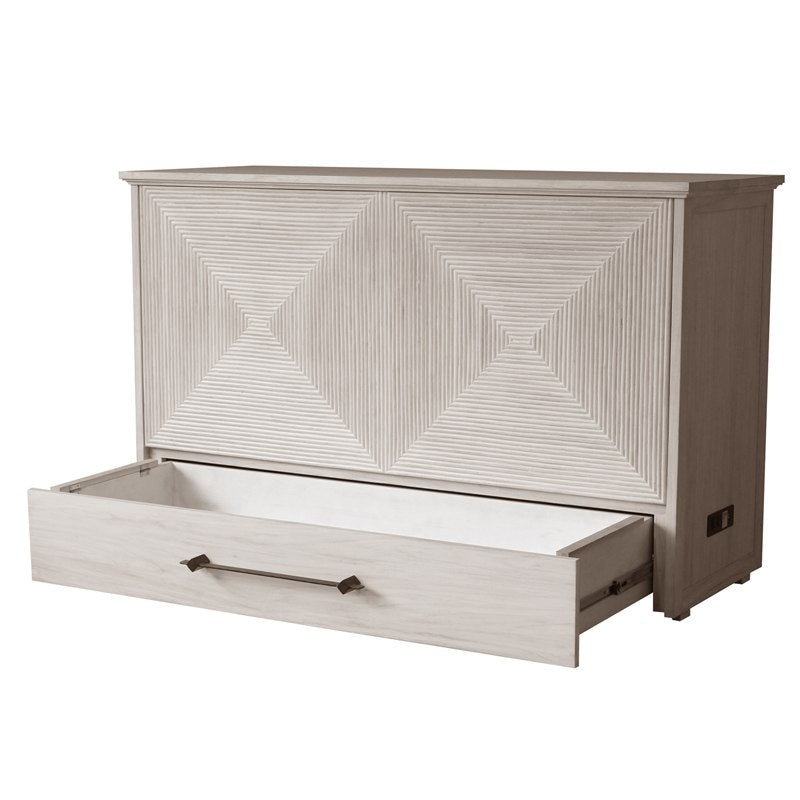 Fiji Queen Size Wooden Cabinet Bed in Washed Linen Finish with USB Port, Drawer, and 6-Inch Tri-Fold Memory Foam Mattress