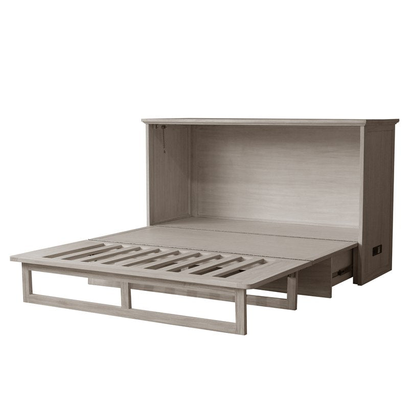 Fiji Queen Size Wooden Cabinet Bed in Washed Linen Finish with USB Port, Drawer, and 6-Inch Tri-Fold Memory Foam Mattress