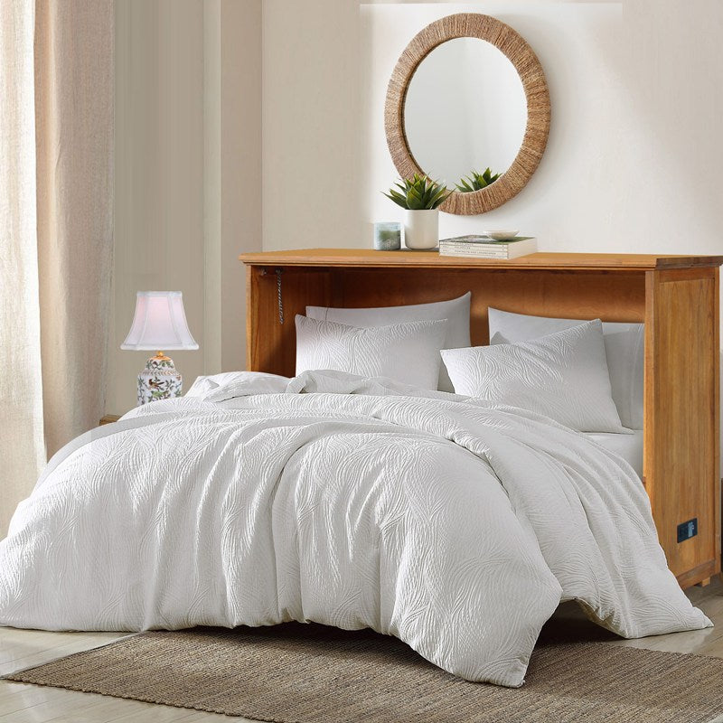 Key Largo Queen Size Wooden Cabinet Bed in Antique Honey Finish with Abaca Decor, USB Port, Drawer, and 6-Inch Tri-fold Memory Foam Mattress