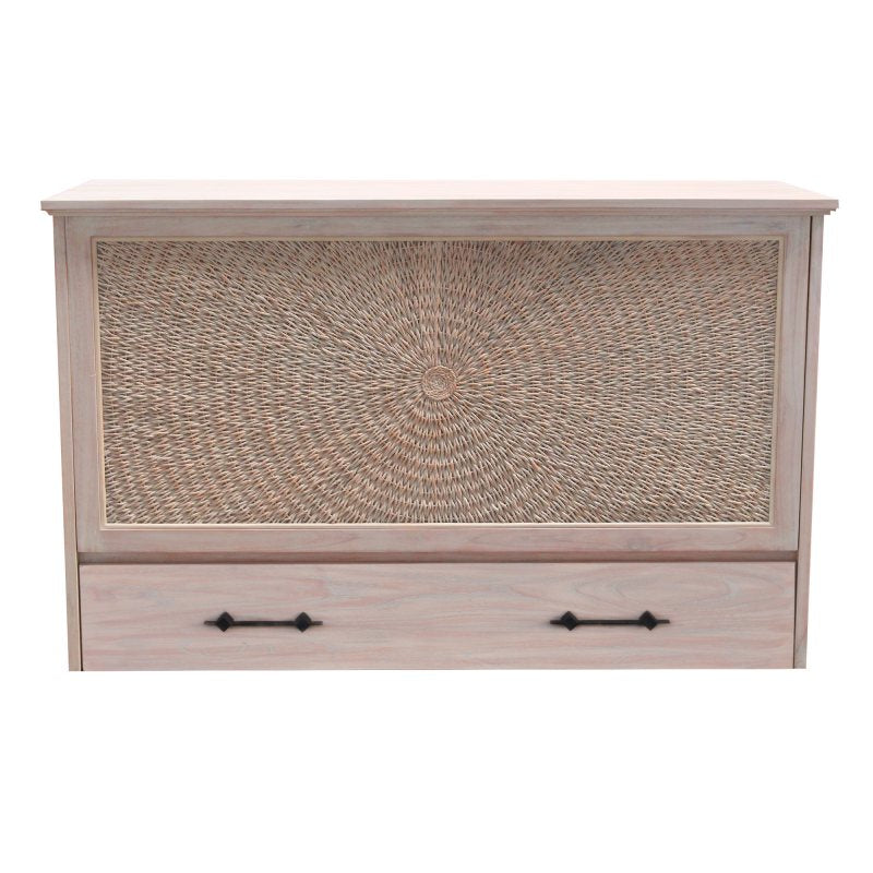 Key Largo Queen Size Wooden Cabinet Bed in French White Finish with Abaca Decor, USB Port, Drawer, and 6-Inch Tri-fold Memory Foam Mattress