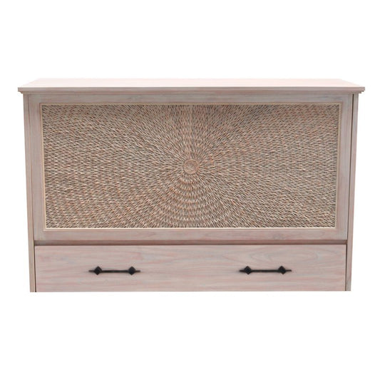 Key Largo Queen Size Wooden Cabinet Bed in French White Finish with Abaca Decor, USB Port, Drawer, and 6-Inch Tri-fold Memory Foam Mattress