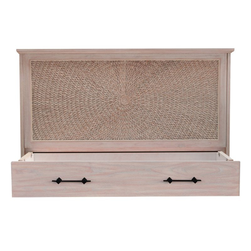 Key Largo Queen Size Wooden Cabinet Bed in French White Finish with Abaca Decor, USB Port, Drawer, and 6-Inch Tri-fold Memory Foam Mattress
