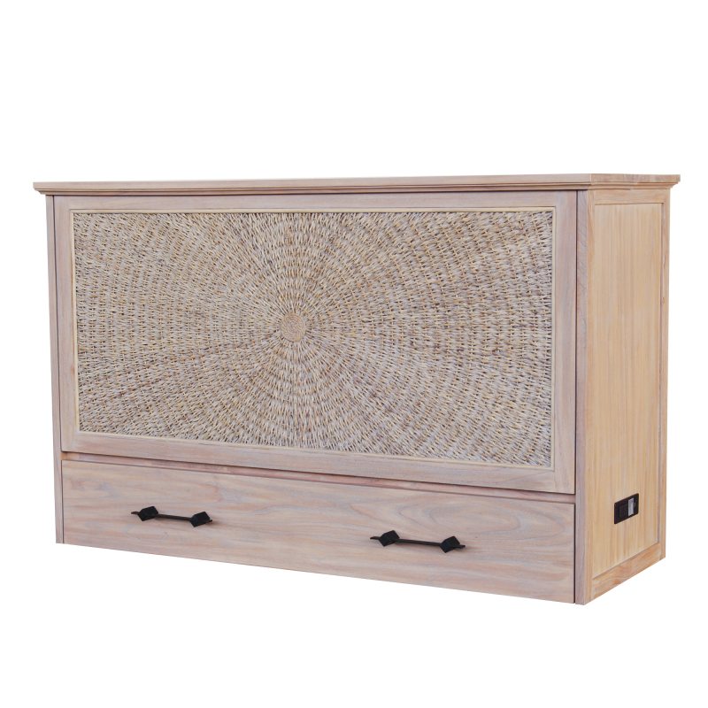 Key Largo Queen Size Wooden Cabinet Bed in French White Finish with Abaca Decor, USB Port, Drawer, and 6-Inch Tri-fold Memory Foam Mattress