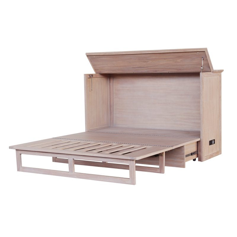 Key Largo Queen Size Wooden Cabinet Bed in French White Finish with Abaca Decor, USB Port, Drawer, and 6-Inch Tri-fold Memory Foam Mattress