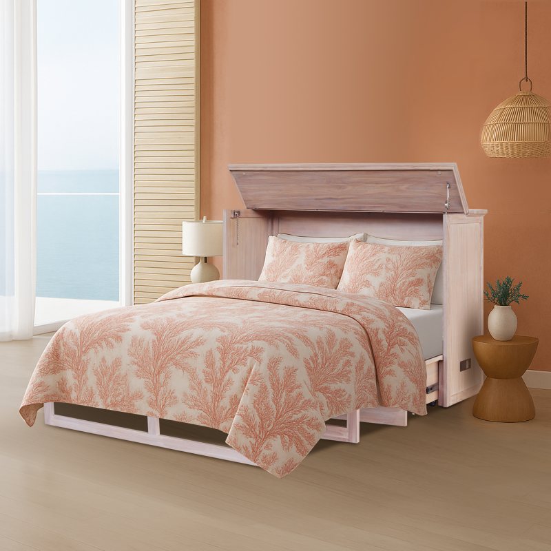 Key Largo Queen Size Wooden Cabinet Bed in French White Finish with Abaca Decor, USB Port, Drawer, and 6-Inch Tri-fold Memory Foam Mattress