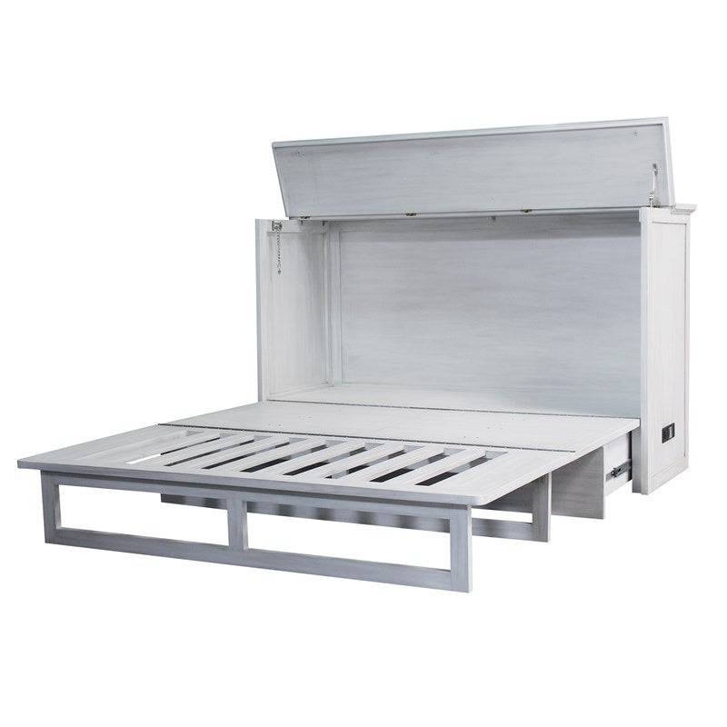 Kona Queen Size Wooden Cabinet Bed in Monaco White Finish with Rattan Decor, USB Port, Drawer, and 6-Inch Tri-fold Memory Foam Mattress