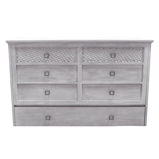 Kona Queen Size Wooden Cabinet Bed in Rustic Driftwood Finish with Rattan Decor, USB Port, Drawer, and 6-Inch Tri-fold Memory Foam Mattress