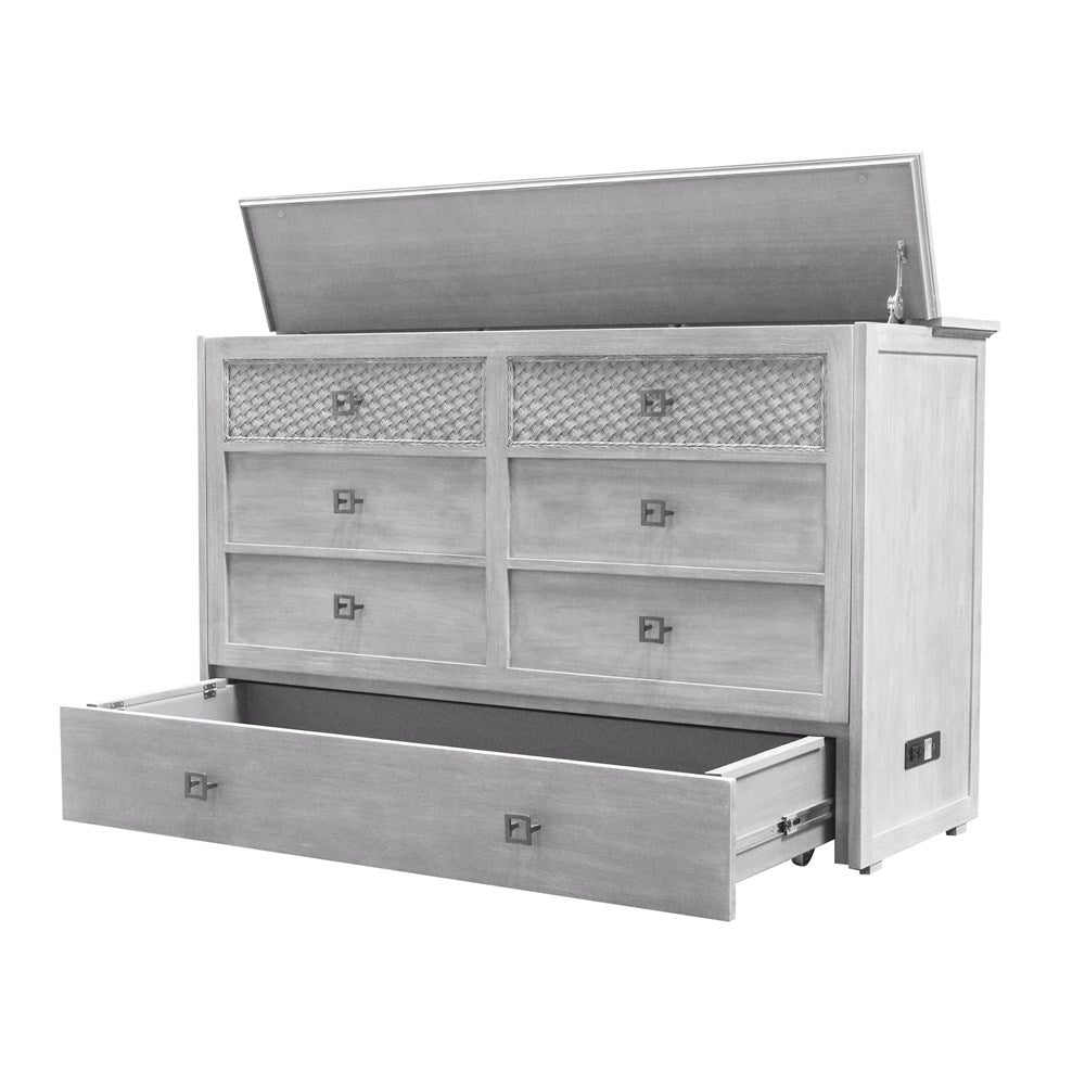 Kona Queen Size Wooden Cabinet Bed in Rustic Driftwood Finish with Rattan Decor, USB Port, Drawer, and 6-Inch Tri-fold Memory Foam Mattress