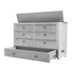 Kona Queen Size Wooden Cabinet Bed in Rustic Driftwood Finish with Rattan Decor, USB Port, Drawer, and 6-Inch Tri-fold Memory Foam Mattress