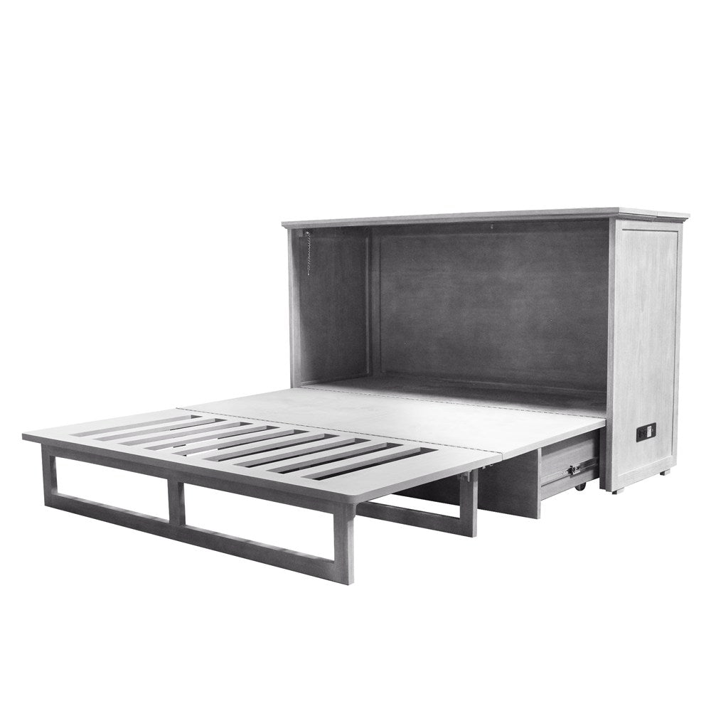 Kona Queen Size Wooden Cabinet Bed in Rustic Driftwood Finish with Rattan Decor, USB Port, Drawer, and 6-Inch Tri-fold Memory Foam Mattress