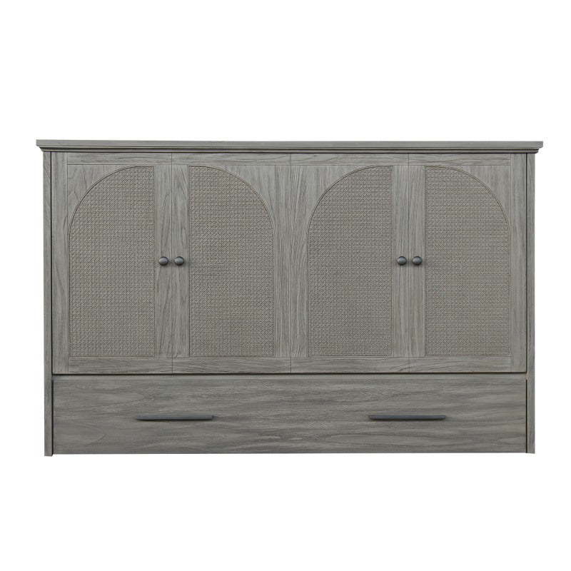Paloma Queen Size Wooden Cabinet Bed in Beach Sand Finish with USB Port, Drawer, and 6-Inch Tri-Fold Memory Foam Mattress