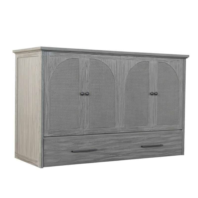 Paloma Queen Size Wooden Cabinet Bed in Beach Sand Finish with USB Port, Drawer, and 6-Inch Tri-Fold Memory Foam Mattress