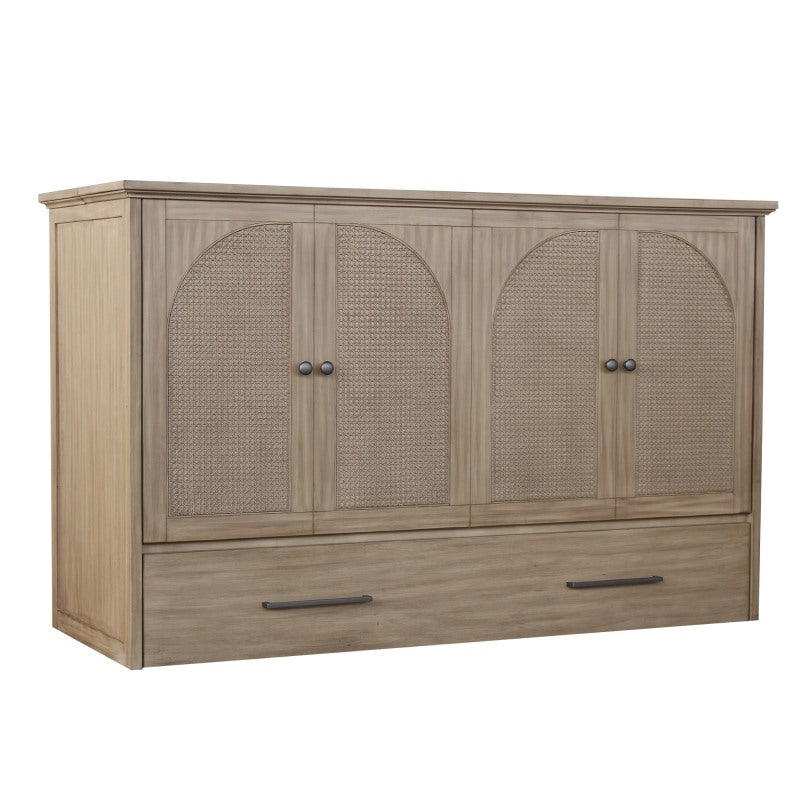 Paloma Queen Size Wooden Cabinet Bed in Natural Finish with USB Port, Drawer, and 6-Inch Tri-Fold Memory Foam Mattress