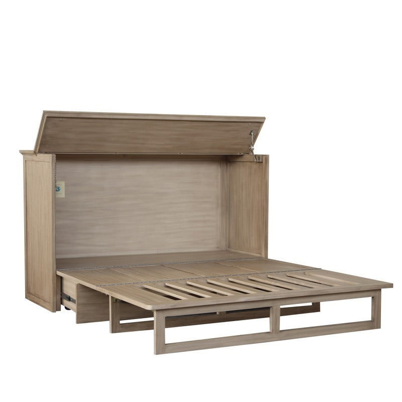Paloma Queen Size Wooden Cabinet Bed in Natural Finish with USB Port, Drawer, and 6-Inch Tri-Fold Memory Foam Mattress