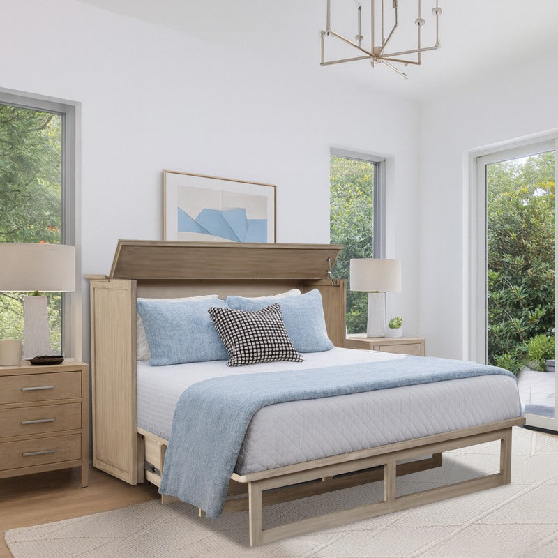 Paloma Queen Size Wooden Cabinet Bed in Natural Finish with USB Port, Drawer, and 6-Inch Tri-Fold Memory Foam Mattress