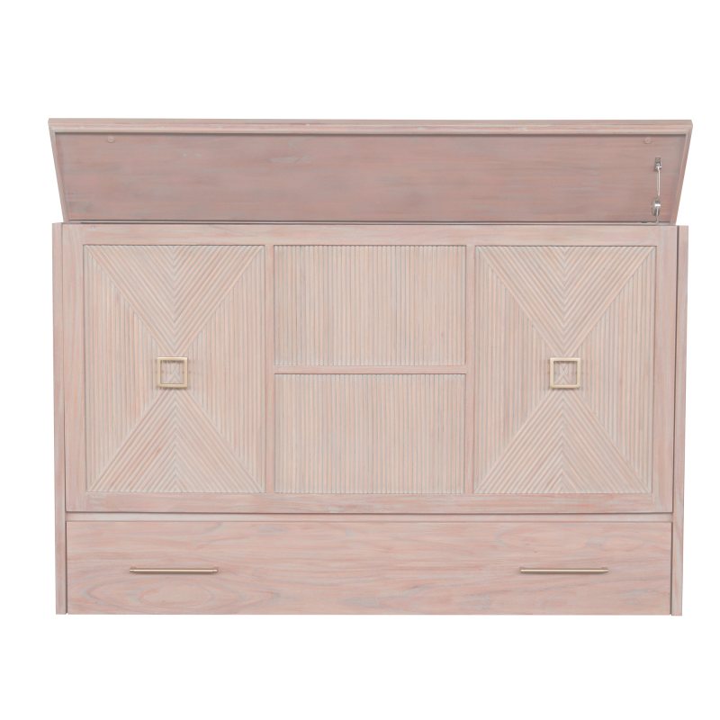 Universal Queen Size Wooden Cabinet Bed in French White Finish with Rattan Decor, USB Port, Drawer, and 6-Inch Tri-fold Memory Foam Mattress