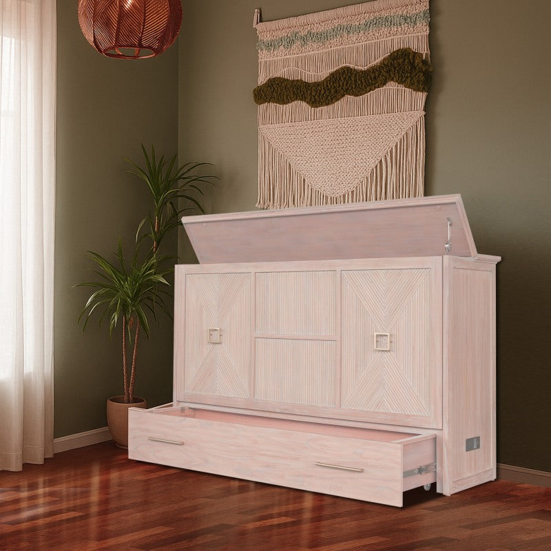 Universal Queen Size Wooden Cabinet Bed in French White Finish with Rattan Decor, USB Port, Drawer, and 6-Inch Tri-fold Memory Foam Mattress