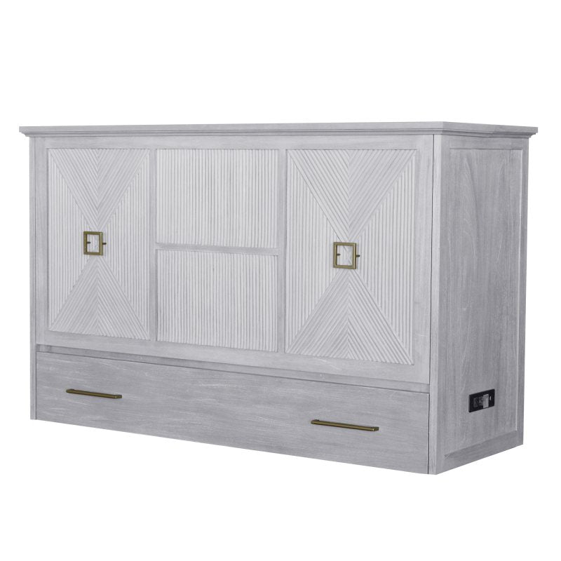 Universal Queen Size Wooden Cabinet Bed in Rustic Driftwood Finish with Rattan Decor, USB Port, Drawer, and 6-Inch Tri-fold Memory Foam Mattress