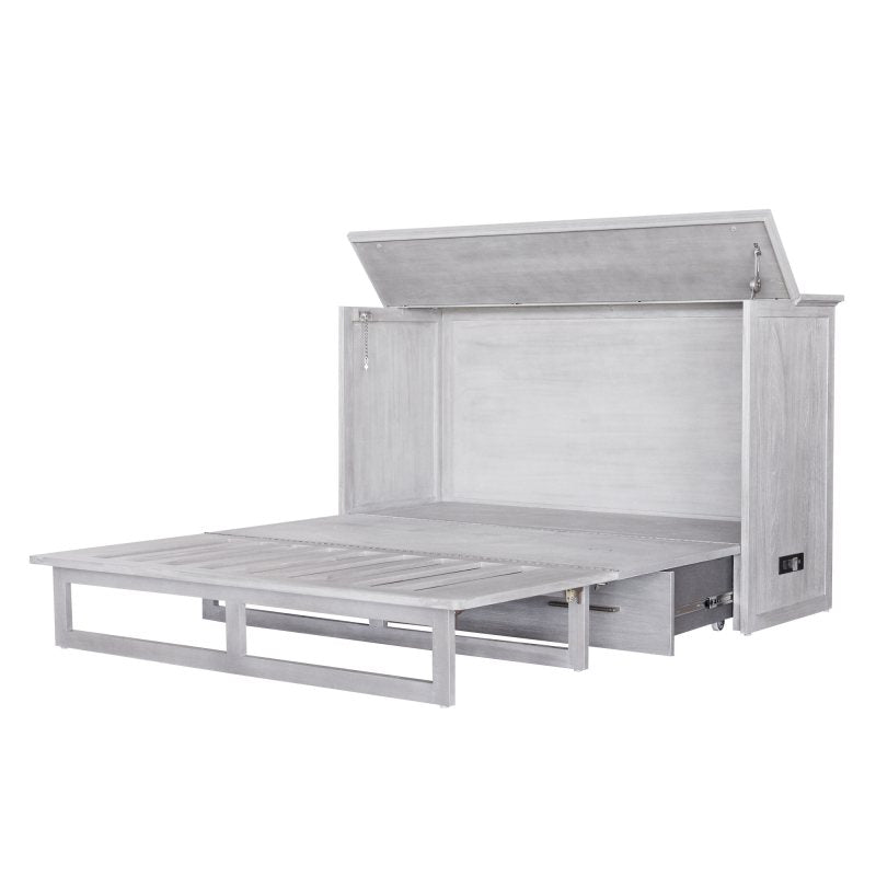 Universal Queen Size Wooden Cabinet Bed in Rustic Driftwood Finish with Rattan Decor, USB Port, Drawer, and 6-Inch Tri-fold Memory Foam Mattress