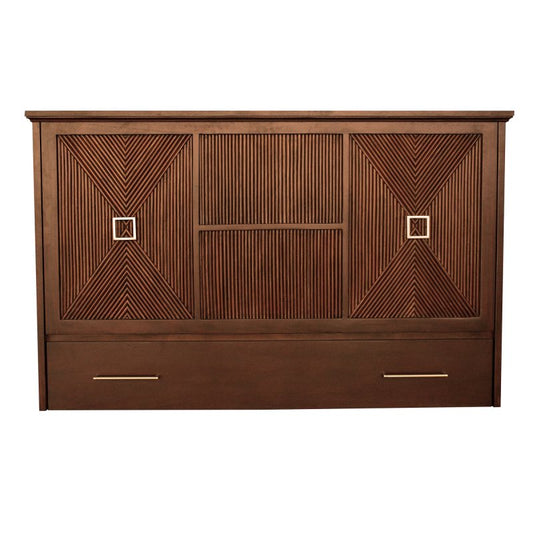Universal Queen Size Wooden Cabinet Bed in Sienna Finish with Rattan Decor, USB Port, Drawer, and 6-Inch Tri-fold Memory Foam Mattress