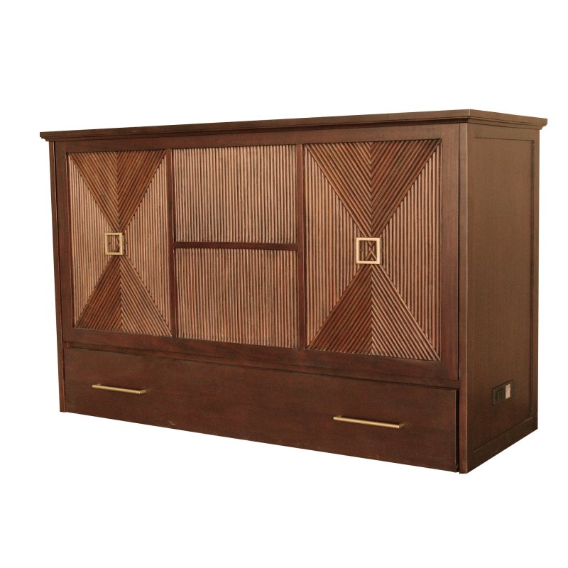 Universal Queen Size Wooden Cabinet Bed in Sienna Finish with Rattan Decor, USB Port, Drawer, and 6-Inch Tri-fold Memory Foam Mattress