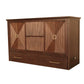 Universal Queen Size Wooden Cabinet Bed in Sienna Finish with Rattan Decor, USB Port, Drawer, and 6-Inch Tri-fold Memory Foam Mattress