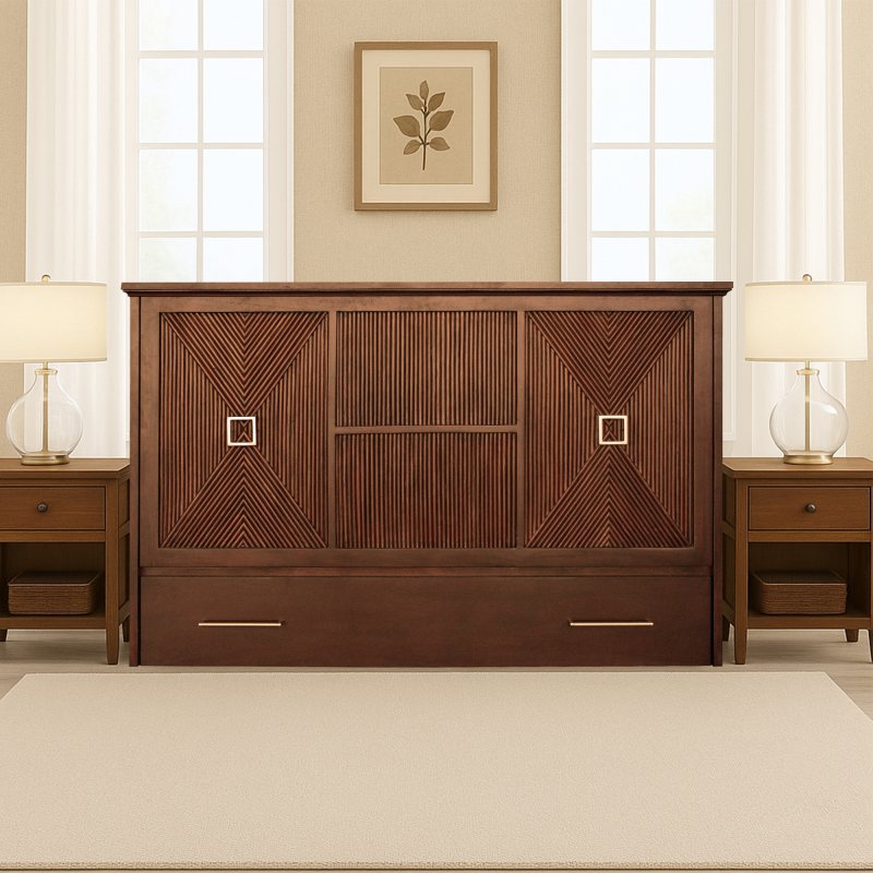 Universal Queen Size Wooden Cabinet Bed in Sienna Finish with Rattan Decor, USB Port, Drawer, and 6-Inch Tri-fold Memory Foam Mattress