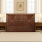 Universal Queen Size Wooden Cabinet Bed in Sienna Finish with Rattan Decor, USB Port, Drawer, and 6-Inch Tri-fold Memory Foam Mattress