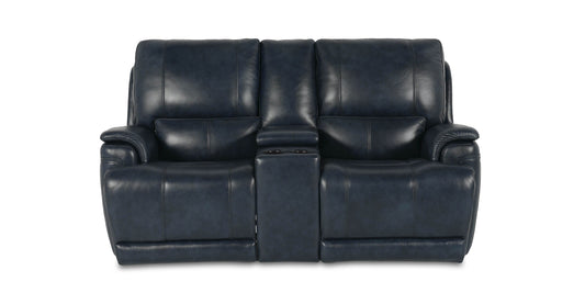 Bassett Club Level Burlington Leather Power Reclining Loveseat with Center Console — Burlington Navy