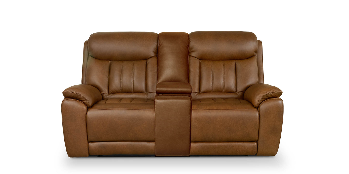Bassett Club Level Benson Leather Power Reclining Loveseat with Center Console — Benson Tuscan Cafe
