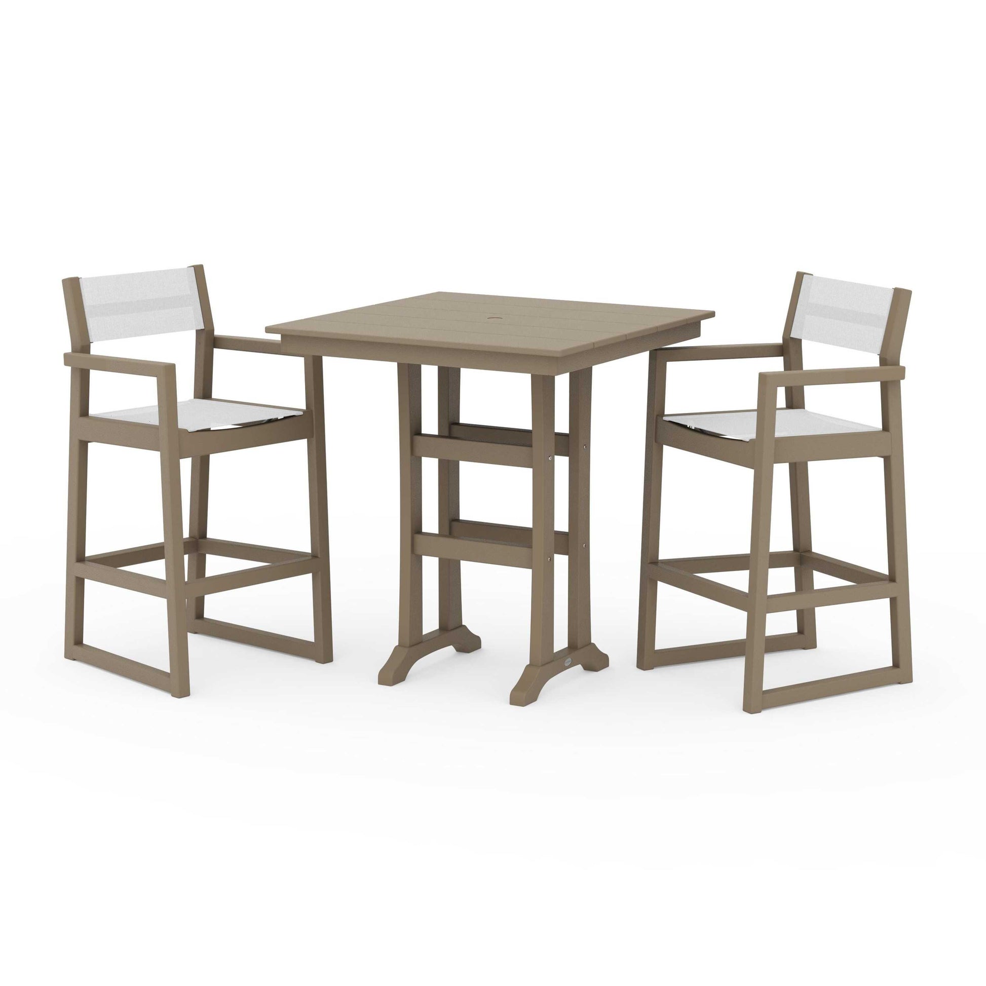 POLYWOOD EDGE Sling Arm Chair 3-Piece Farmhouse Bar Set with Trestle Legs — Vintage Sahara / White Sling