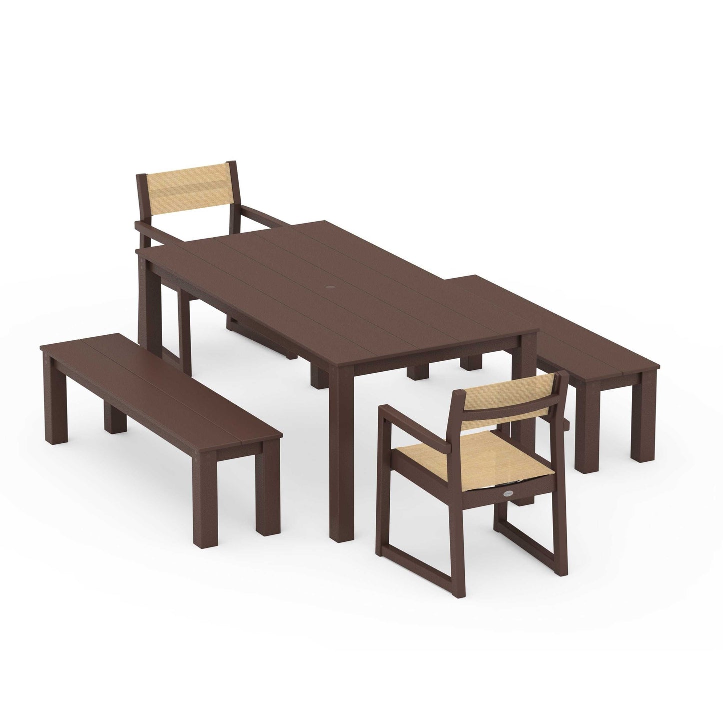 POLYWOOD EDGE Sling Arm Chair 5-Piece Parsons Dining Set with Benches — Mahogany / Dupioni Apricot Sling