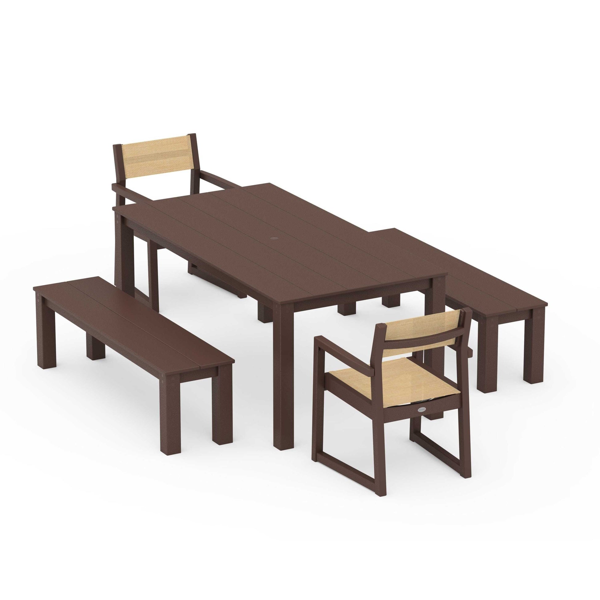 POLYWOOD EDGE Sling Arm Chair 5-Piece Parsons Dining Set with Benches — Mahogany / Dupioni Apricot Sling